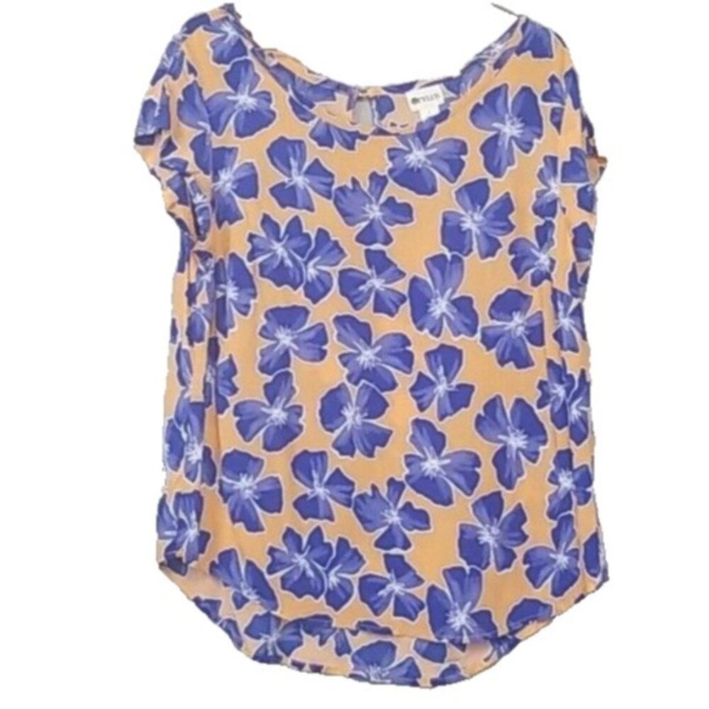 Stylus Womens Blouse Top Large, Peach Blue Floral Short sleeve Cottagecore